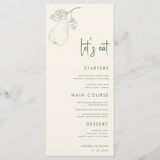 Perfect Pear Pair Theme Let's Eat Script Wedding Menu (Voorkant)