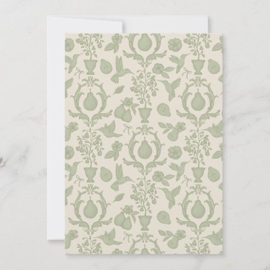 Perfect Pear Vrijgezellenfeest | Sage Green Damask Kaart (Achterkant)