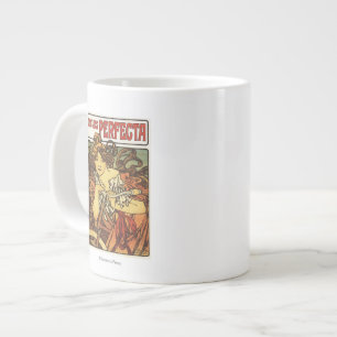 Perfecta fietsen met vrouw advertentieposter grote koffiekop