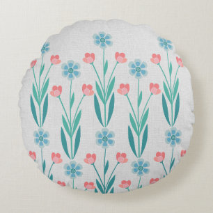 Perfecte  Bloementuin Stofblauw & Blozende Roze Rond Kussen