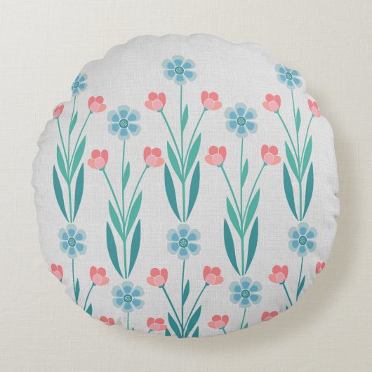 Perfecte  Bloementuin Stofblauw & Blozende Roze Rond Kussen (Voorkant)