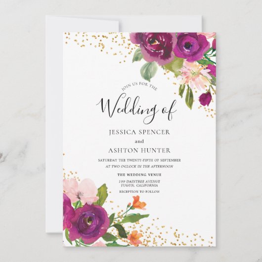 Perfecte bruiloft: Burgundy Pink Flower Gold Glitt Kaart (Voorkant)