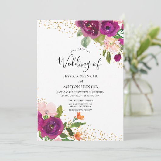 Perfecte bruiloft: Burgundy Pink Flower Gold Glitt Kaart (Staand voorkant)