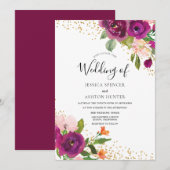 Perfecte bruiloft: Burgundy Pink Flower Gold Glitt Kaart (Voorkant / Achterkant)