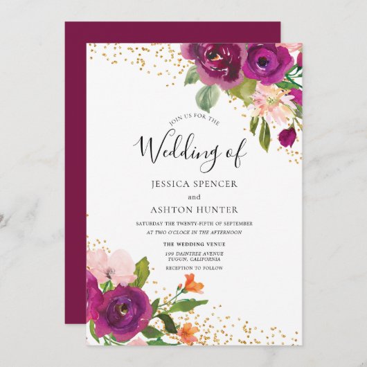 Perfecte bruiloft: Burgundy Pink Flower Gold Glitt Kaart (Voorkant / Achterkant)