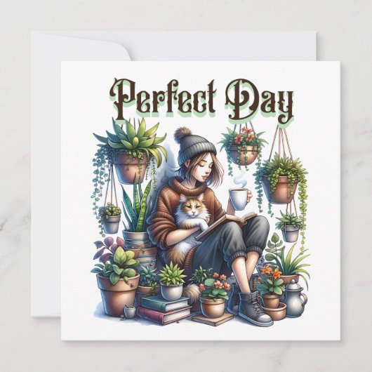 Perfecte dag | Meisje Lezen met Kat en Planten (Voorkant)