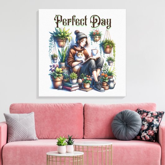 Perfecte dag | Meisje Lezen met Kat en Planten Canvas Afdruk (Insitu (Woonkamer))