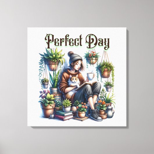 Perfecte dag | Meisje Lezen met Kat en Planten Canvas Afdruk (Voorkant)
