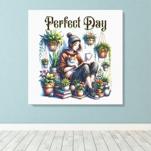 Perfecte dag | Meisje Lezen met Kat en Planten Canvas Afdruk (Insitu (Houten vloer))