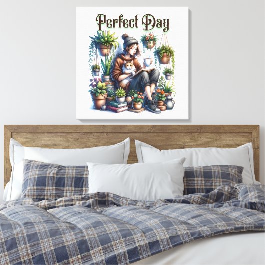Perfecte dag | Meisje Lezen met Kat en Planten Canvas Afdruk (Insitu (Slaapkamer))