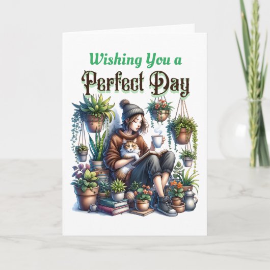 Perfecte dag | Meisje Lezen met Kat en Planten Kaart (Voorkant)