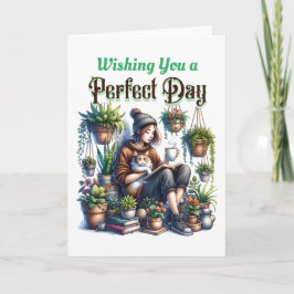 Perfecte dag | Meisje Lezen met Kat en Planten Kaart
