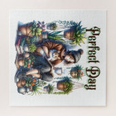 Perfecte dag | Meisje Lezen met Kat en Planten Legpuzzel (Horizontaal)