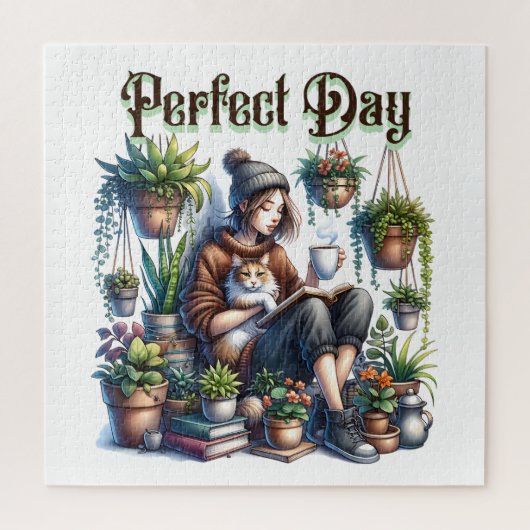 Perfecte dag | Meisje Lezen met Kat en Planten Legpuzzel (Verticaal)