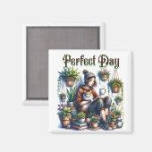 Perfecte dag | Meisje Lezen met Kat en Planten Magneet (Voorkant / Achterkant)