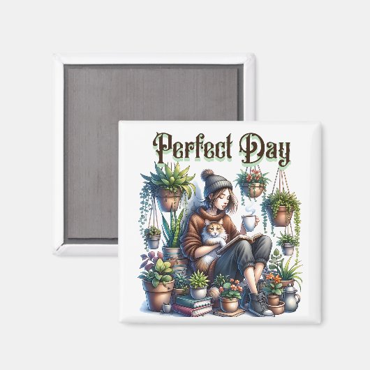 Perfecte dag | Meisje Lezen met Kat en Planten Magneet (Voorkant / Achterkant)