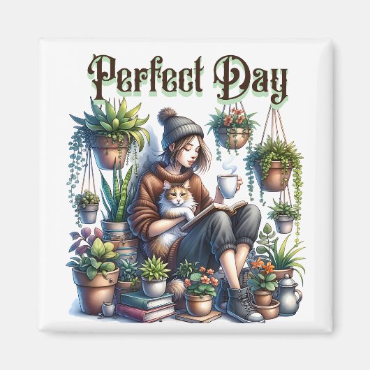 Perfecte dag | Meisje Lezen met Kat en Planten Magneet (Voorkant)
