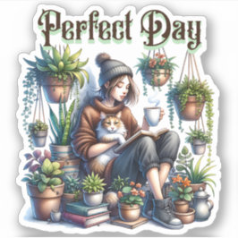 Perfecte dag | Meisje Lezen met Kat en Planten Sticker
