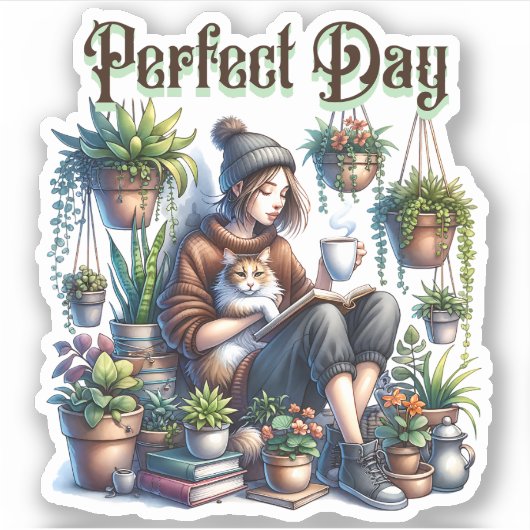 Perfecte dag | Meisje Lezen met Kat en Planten Sticker (Voorkant)
