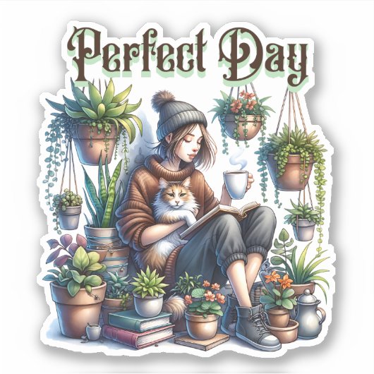 Perfecte dag | Meisje Lezen met Kat en Planten Sticker (Voorkant)