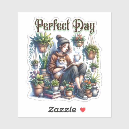 Perfecte dag | Meisje Lezen met Kat en Planten Sticker (Vel)