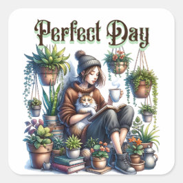 Perfecte dag | Meisje Lezen met Kat en Planten Vierkante Sticker