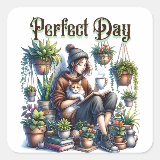 Perfecte dag | Meisje Lezen met Kat en Planten Vierkante Sticker (Voorkant)