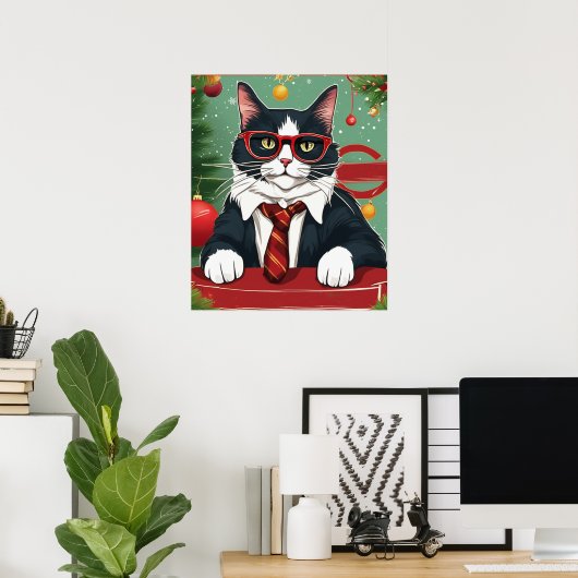 Perfecte kat in pak grappige digitale kunst, Kerst Poster (Thuiskantoor)