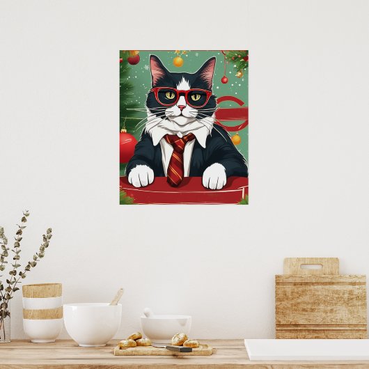 Perfecte kat in pak grappige digitale kunst, Kerst Poster (Keuken)