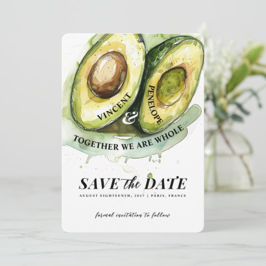 Perfecte Match Avocado Bruiloft Save the Date Kaart (Staand voorkant)