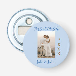 perfecte match koppel foto jaar naam blauwe trendy button flesopener