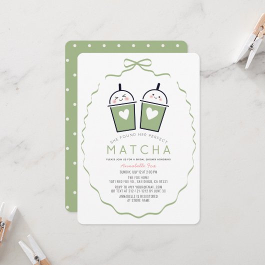 Perfecte Matcha Kawaii Boog Frame Bruiloftsborrel Kaart (Voorkant / Achterkant in situ)