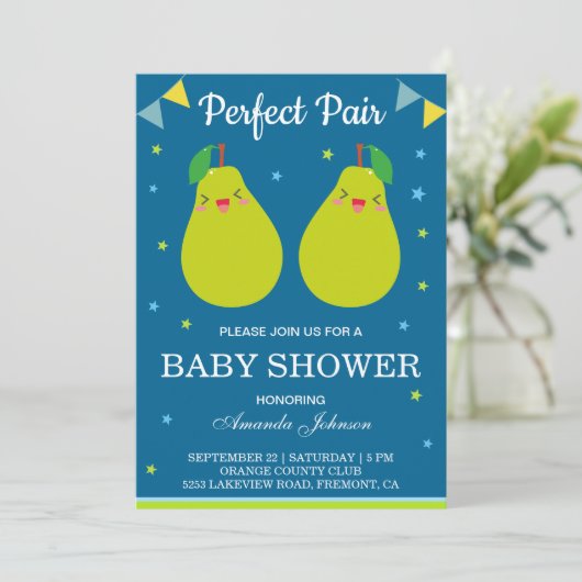 Perfecte Paar Leuke Peer Twin Baby shower Invitati Kaart (Staand voorkant)
