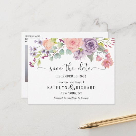 Perfecte pastels floral Save the Date Briefkaart (Voorkant / Achterkant in situ)