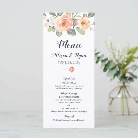 Perfecte perzik bloemen bruiloft menu (Staand voorkant)