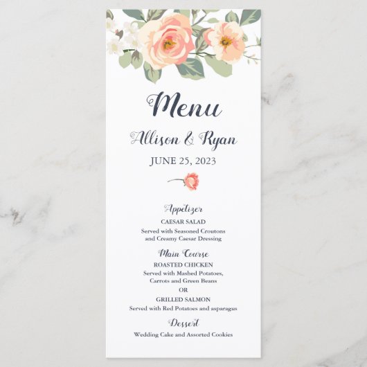 Perfecte perzik bloemen bruiloft menu (Voorkant)