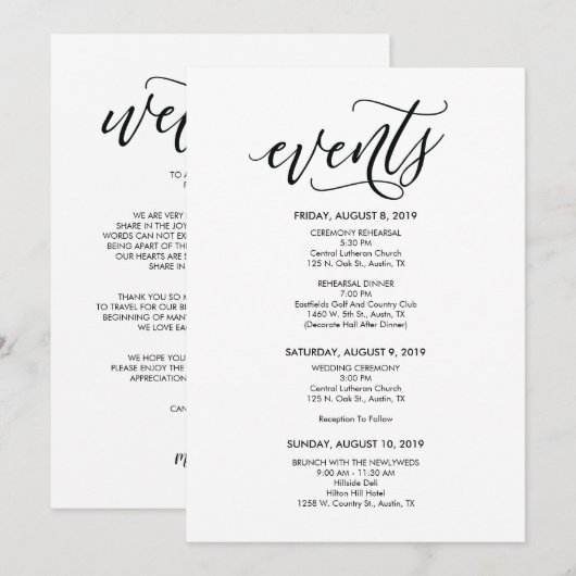 Perfecte trouwtijdlijn / routebeschrijving kaart (Voorkant / Achterkant)