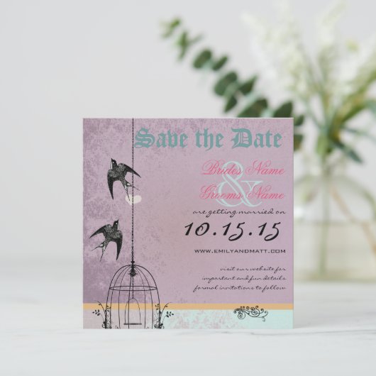 Perfecte vogelkooi van Plum Damask sparen de Datum Save The Date (Staand voorkant)