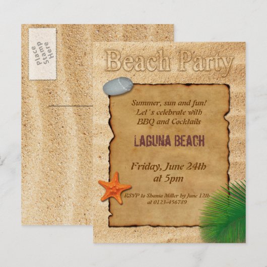 Pergament op Zand Strand Feest Uitnodiging Postkaa Briefkaart (Voorkant / Achterkant)