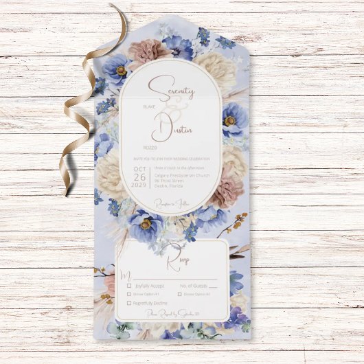 Peri Blue Boho Bloemen & Grassen Diner All In One Uitnodiging