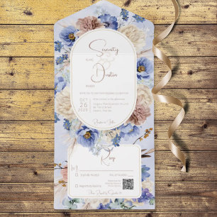 Peri Blue Boho Bloemen & Grassen QR Code All In One Uitnodiging