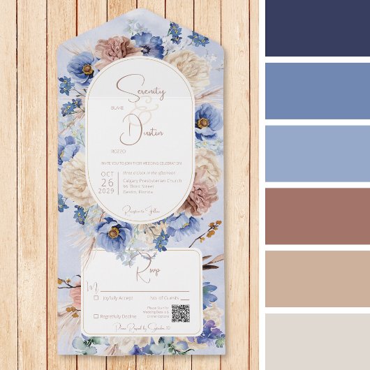 Peri Blue Boho Bloemen & Grassen QR Code All In One Uitnodiging