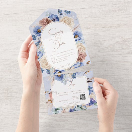 Peri Blue Boho Bloemen & Grassen QR Code All In One Uitnodiging (Afscheurbaar)