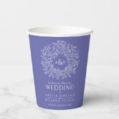 Peri blue paarse handgetekende bladmonogram bruilo papieren bekers (Achterkant)