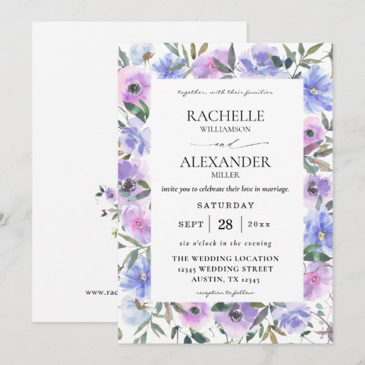 Peri & Paarse Floral Wedding Kaart (Voorkant / Achterkant)