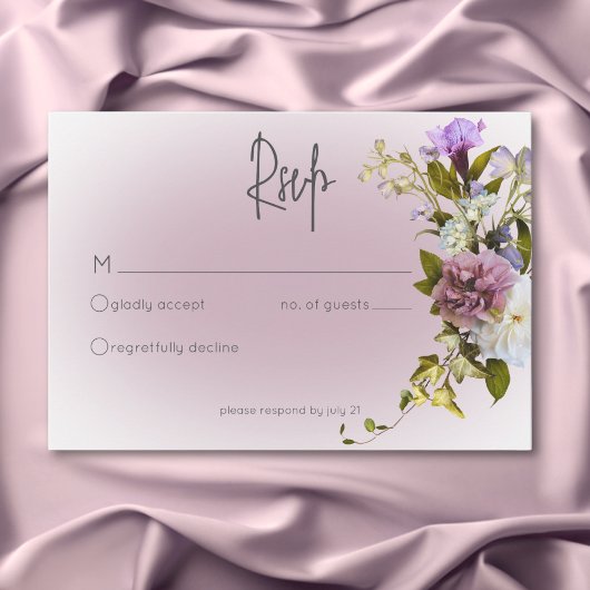 Peri White Mauve Floral Modern Wedding RSVP Kaart