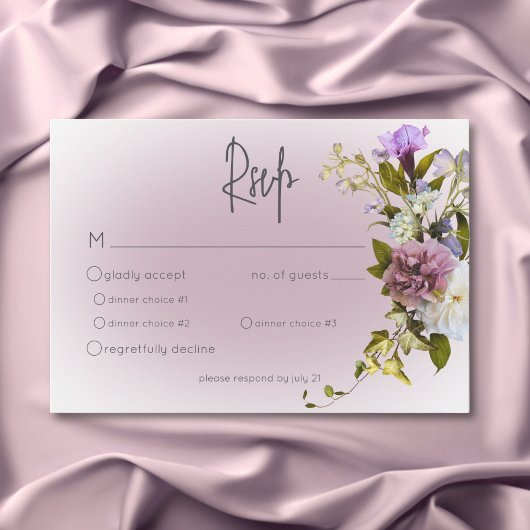 Peri White Mauve Floral Modern Wedding RSVP Kaart