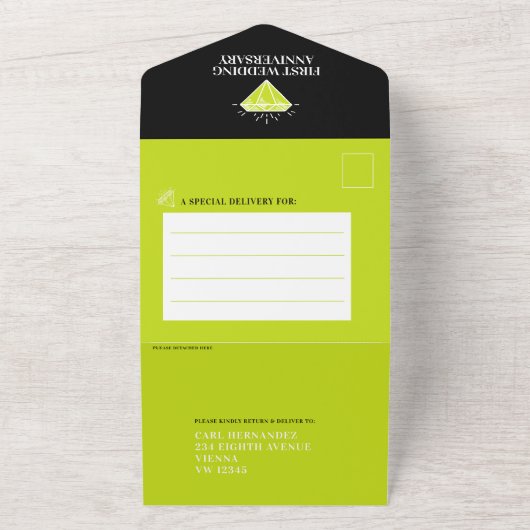 Peridot 1e huwelijksfeest gemstone all in one uitnodiging (Buitenkant)