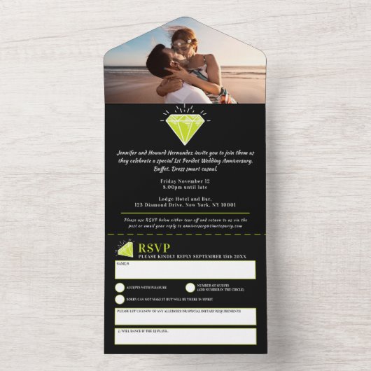 Peridot 1e huwelijksfeest gemstone all in one uitnodiging (Binnen)