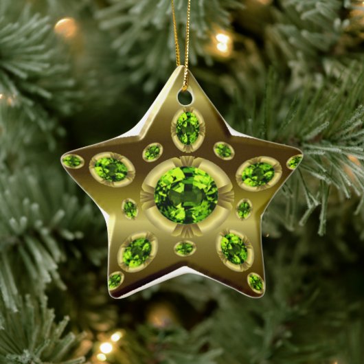 Peridot Faux Stone on Gold Star Xmas Ornament (Boom)
